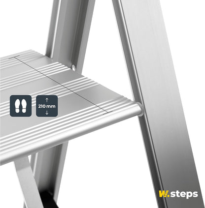 WIBE LADDERS Vikingstep Mini trapladder, 480 mm hoog, belastbaar tot 150 kg, compacte aluminium vouwladder met 2 treden, slechts 35 mm breed, 72814