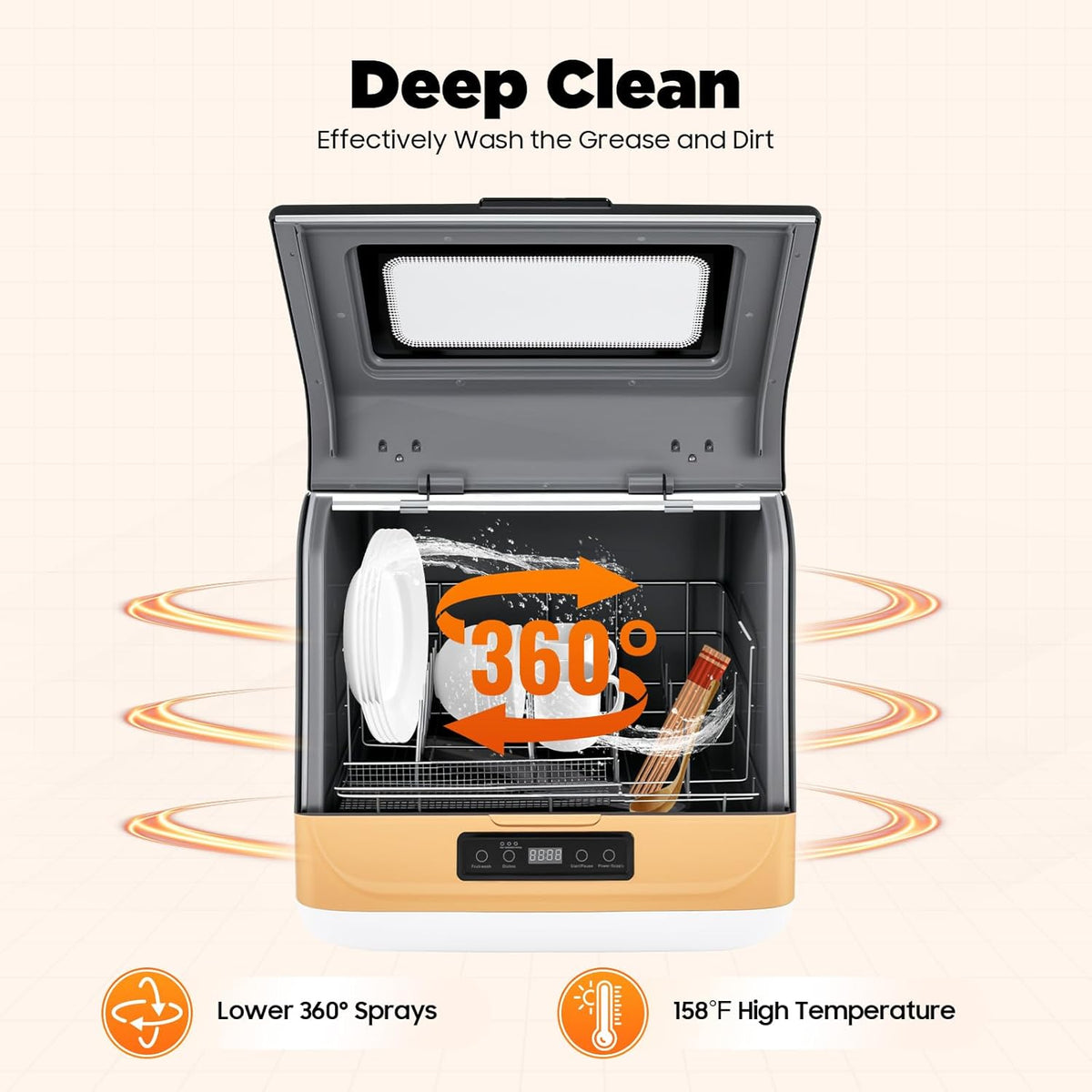 800 W Tabletop Dishwasher with 3 Programs for 12-20 Crockery Parts, 360° Spray Machine, Mini Dishwasher for Home, Motorhome, Gold