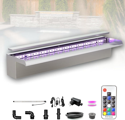 Longrun 60 cm vijverwaterval Blad Kit, 304 roestvrijstalen waterval functie overloop, buiten zwembad fontein met 7 kleuren LED-verlichting en afstandsbediening, Breedte 15 cm