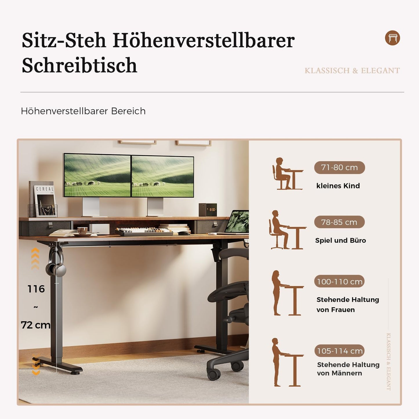 Klicelor Verstelbaar Bureau in Hoogte met Dubbele Lades, Elektrisch Verstelbaar Bureaux in Hoogte, Ergonomisch Sta bureau, 140x60, Bruin