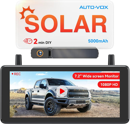 AUTO-VOX 7,2 inch draadloze achteruitrijcamera op zonne-energie met DVR-lusopname: HD 1080P, snelle installatie van 2 minuten, gesplitst scherm omgekeerde camerakits voor auto, bestelwagen, SUV
