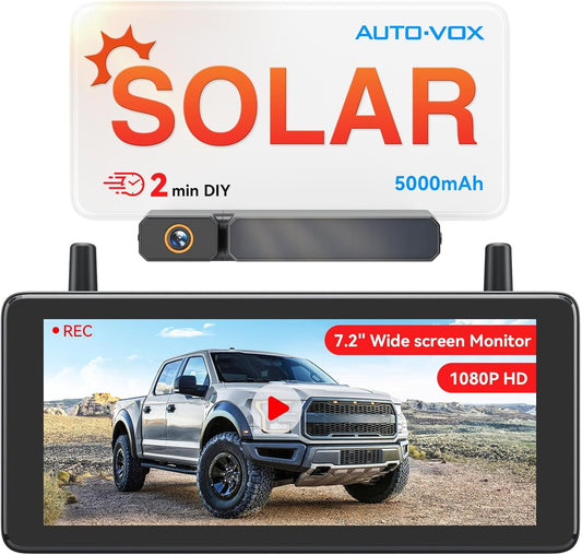 AUTO-VOX 7,2 inch draadloze achteruitrijcamera op zonne-energie met DVR-lusopname: HD 1080P, snelle installatie van 2 minuten, gesplitst scherm omgekeerde camerakits voor auto, bestelwagen, SUV