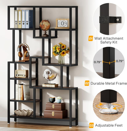 Tribesigns Industry 7 Tier Bookcase, 180 cm Tall Floor, Wooden Bookcase, Open Exhibition Rack with Metal Frame for Living Room, Home Office, Rustic Brown