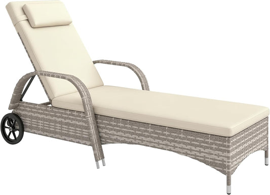 Outsunny Sun lounger lounger for sun lounger, great comfort: mattress, headrest, adjustable inclination, multiple positions, armrests, polyrattan wheels, light grey