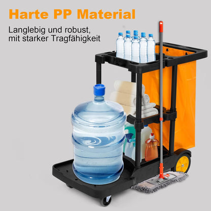 Bimiti Professionele reinigingswagen met extra grote tas, 113 x 56 x 93 cm, 3 niveaus met grote capaciteit, reinigingswagen, afvalzakken van 65 liter, geel en zwart