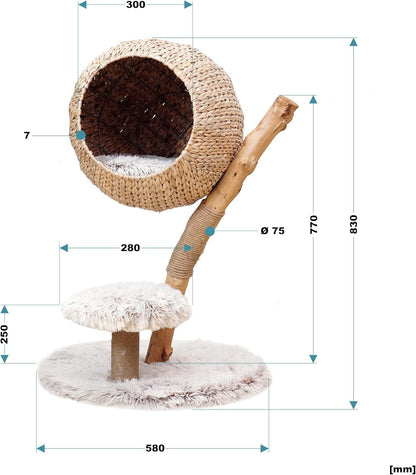Kattenkrabpaal – Krabpaal – Kattenboom – Krabmeubel – Kattenmeubel – Eivormige Lounger – Perenhout – Zacht Pluche – 83 cm Hoog – Stabiele Rond Basis