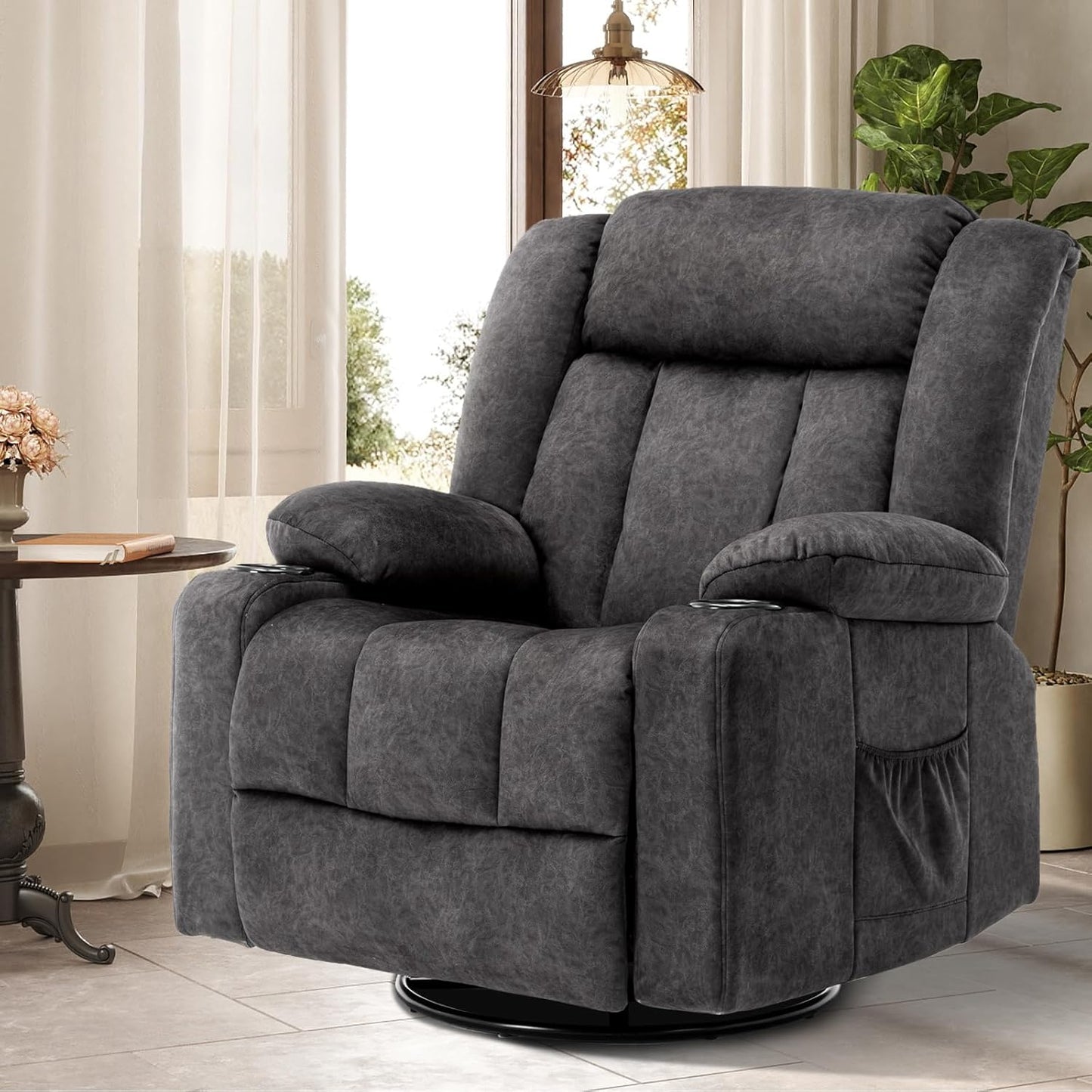 Relaxstoel – Verstelbare Fauteuil – Ligstoel – Loungechair – Draaifauteuil – Met Voetensteun – Ademend Stof – Met Bekerhouders en Opbergruimte – Grijs