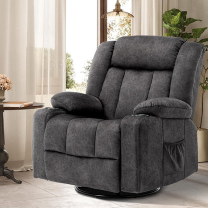 Relaxstoel – Verstelbare Fauteuil – Ligstoel – Loungechair – Draaifauteuil – Met Voetensteun – Ademend Stof – Met Bekerhouders en Opbergruimte – Grijs