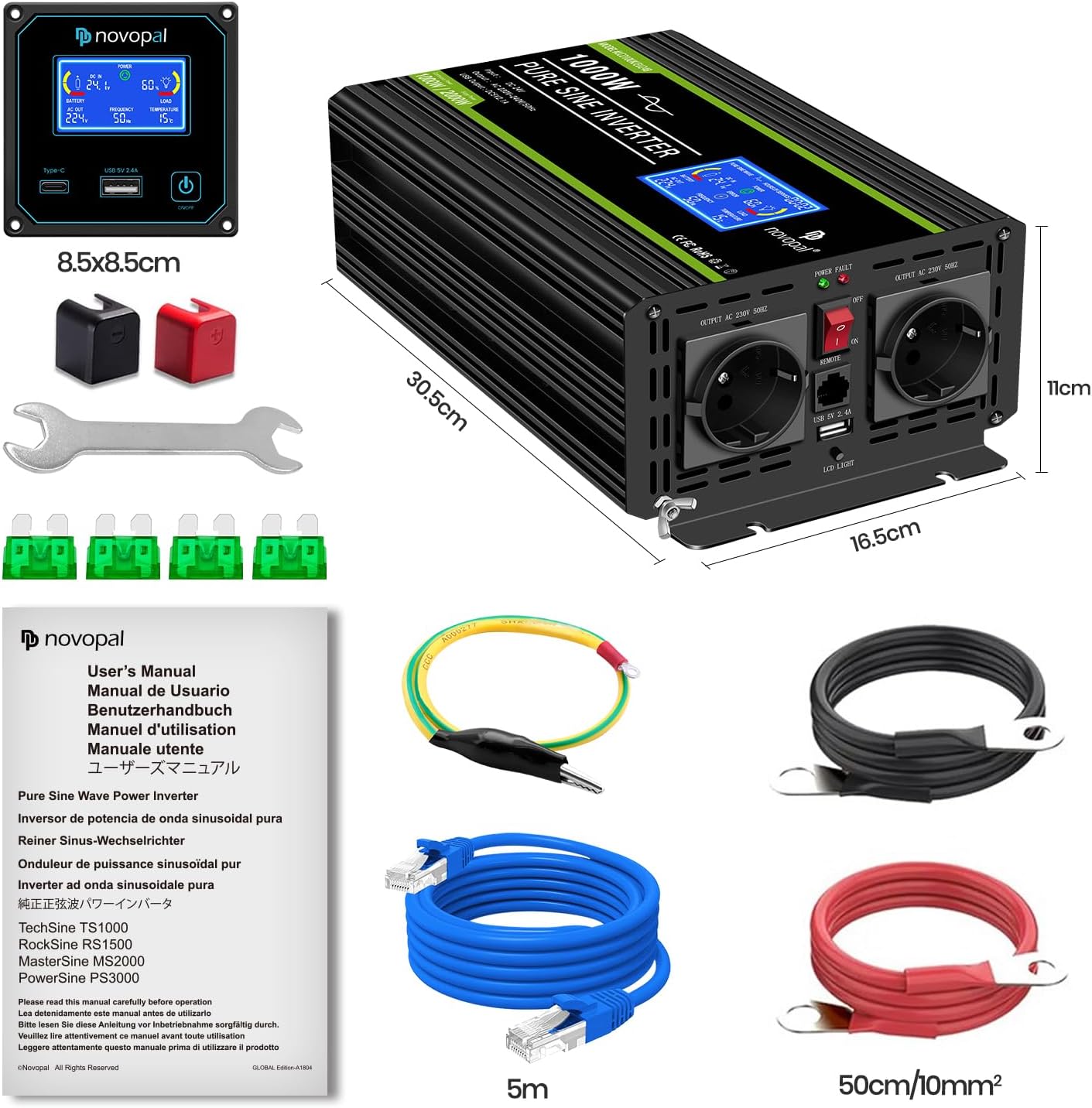 Omvormer 24V Naar 230V – Spanningsomvormer – Auto Omvormer – Inverter – Zuivere Sinus Omvormer – 1000W Continu Vermogen – 2 Stopcontacten En USB-Poort