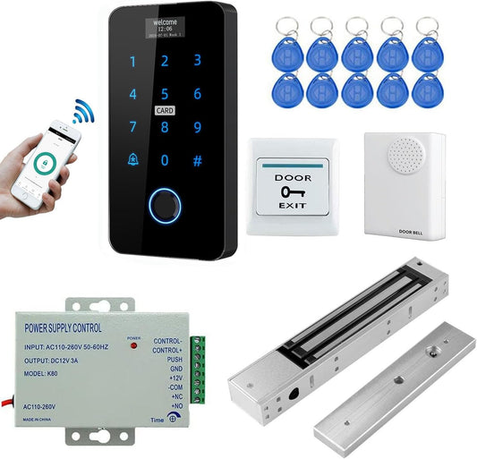 YAVIS kit Tuya WiFi toegangscontrole systeem, touchscreen vingerafdruk toetsenbord met scherm, NC elektrisch magnetisch slot 280kg/600lbs, IP68 waterdicht, RFID 125kHz/13.56MHz, deurbel voeding