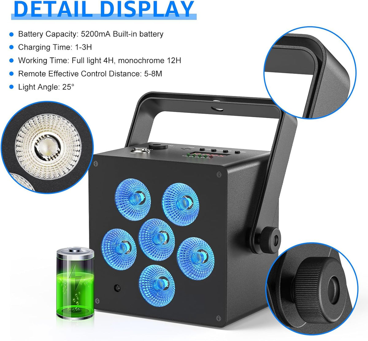 50 W batterij LED Par schijnwerper 6-in-1 RGBWAUV DMX512 podiumlicht met afstandsbediening, 12 uur batterijduur, uplight voor DJ, disco, party, karaoke, bruiloft, verjaardag