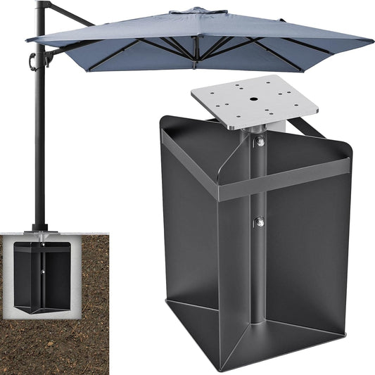 Dolibest In de grond parasolbasis, universele parasol grondanker offset vrijdragende paal in grondmontageplaat, zwaar belastbare terrasparasolstandhouder voor buiten, tuin, balkon, neerslaan