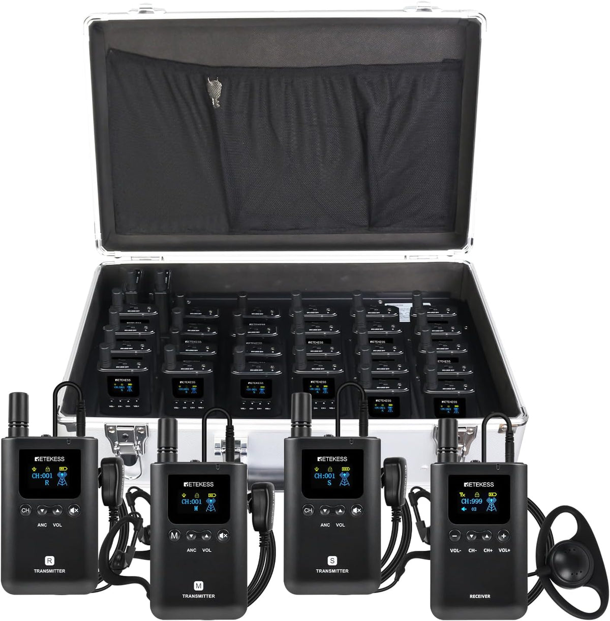 Draadloos Tourguide Communicatiesysteem – Tourguide Systeem, Audiogids, Gidsensysteem, Groepscommunicatiesysteem – 3 Zenders, 29 Ontvangers – Full-Duplex Communicatie – Bereik Tot 200 M, 999 Kanalen, 32 Slots