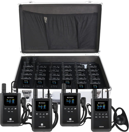 Draadloos Tourguide Communicatiesysteem – Tourguide Systeem, Audiogids, Gidsensysteem, Groepscommunicatiesysteem – 3 Zenders, 29 Ontvangers – Full-Duplex Communicatie – Bereik Tot 200 M, 999 Kanalen, 32 Slots