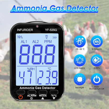 NH3 Gasmelder, ammoniak-gasdetector, gaslek-detector met akoestisch visueel alarm, binnenluchtkwaliteitsmeter voor ammoniak, draagbare gasdetector met bereik 0-100 ppm