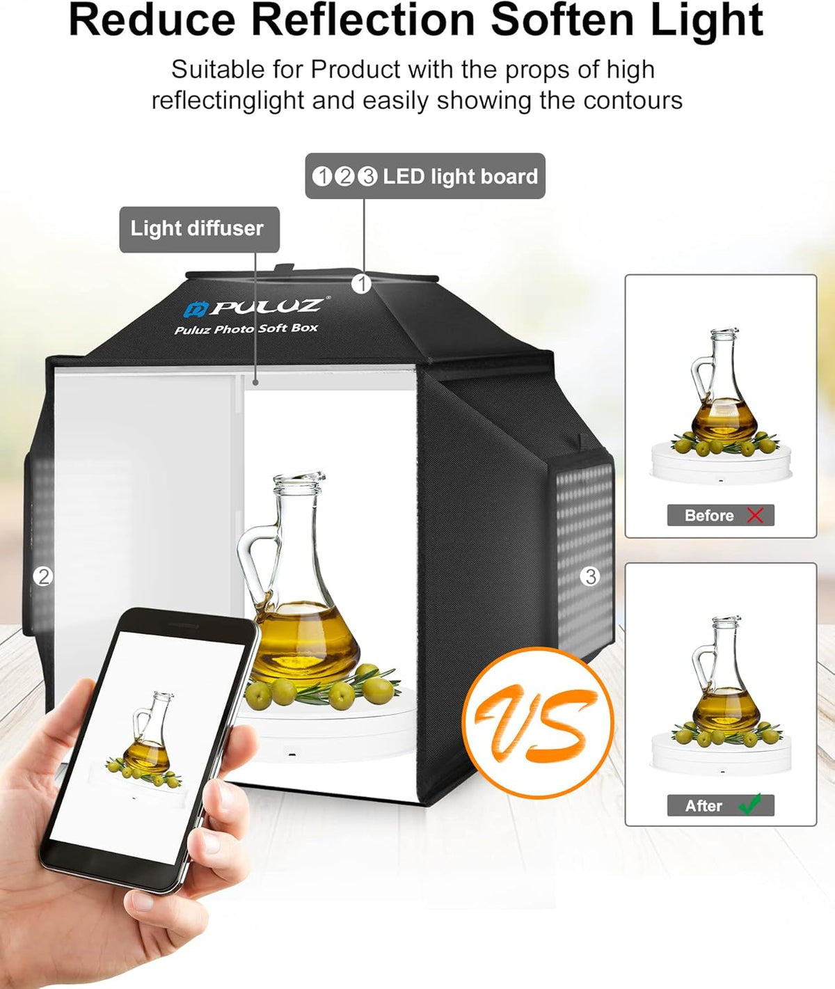 Fotobox Met Verlichting – Fototent – Lichttent – Lichtbak – Productfototent – 40,6 X 40,6 Cm – 480 Ledlampen – 5500 K CRI 95+