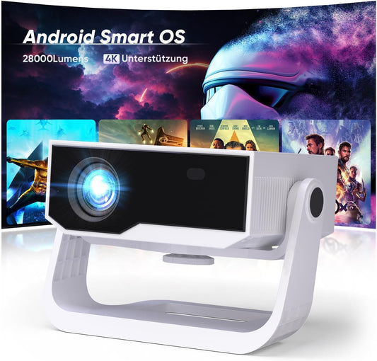 2025 Smart beamer 4K ondersteuning Android 11, Full HD 1080P, 28000 lumen, WiFi 6 en BT 5.2, houder verstelbaar 120°, elektrische focus, trapeziumcorrectie, thuisbioscoopprojector voor switch