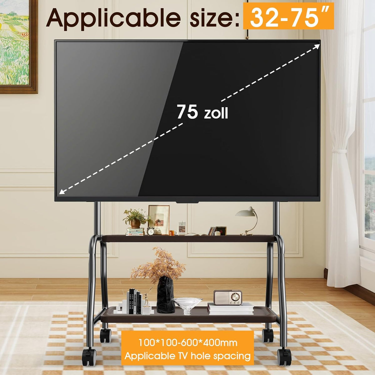 Tv-standaard, oprolbaar voor 32-75 inch televisie tot 50 kg, televisiestandaard op wielen, tv-rolwagen met houten plank, in hoogte verstelbare tv-vloerstandaard, max VESA 600 x 400 mm
