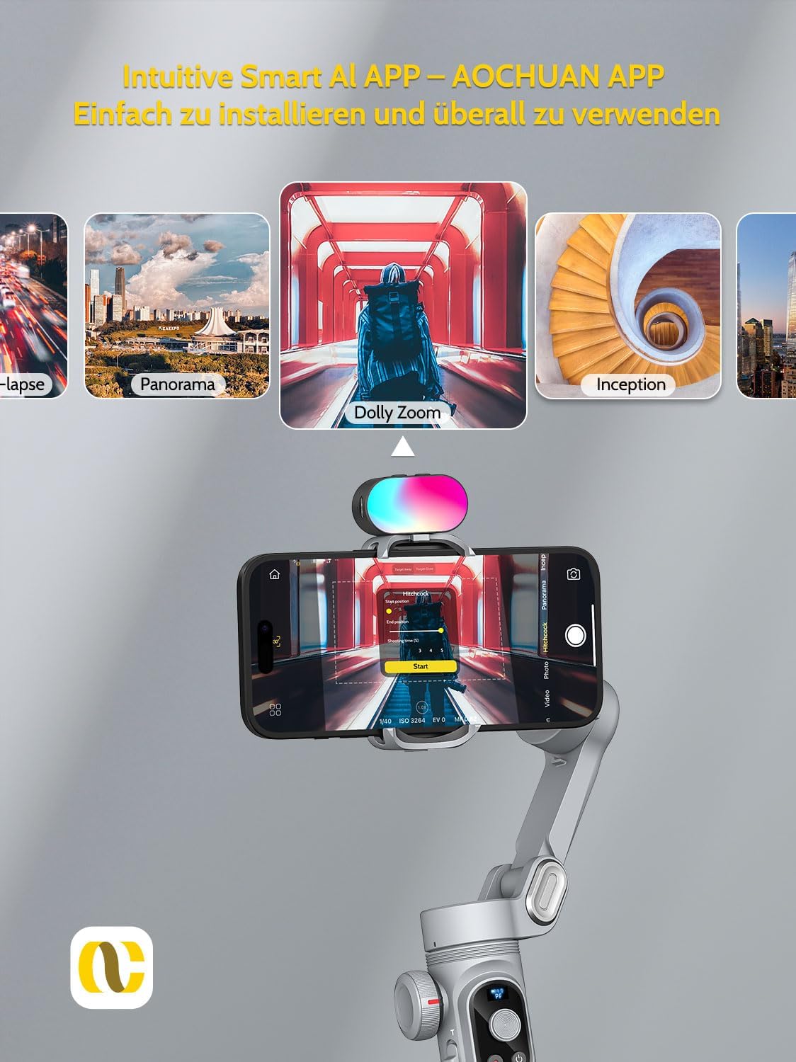 Gimbal Stabilizer voor Smartphone, RGB Magnetische Refill Light Set, OLED Display LED Licht Focus Wiel, Professionele 3-assige stabilisator voor Android &iPhone, AOCHUAN XPRO KIT Grijs