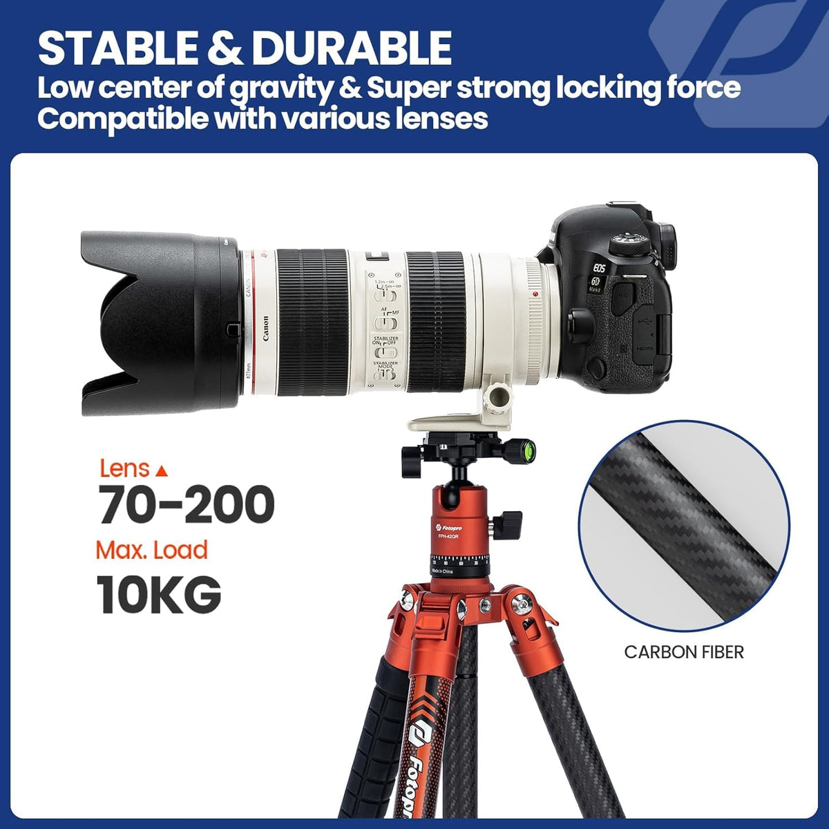 Fotopro 163 cm camerastatief van koolstofvezel met monopod kogelkop 360 1/4 snelontgrendelingsplaat, lichtgewicht reisstatief voor camera, maximale belasting 12 kg, X Aircross 3, oranje