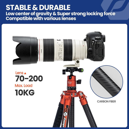 Fotopro 163 cm camerastatief van koolstofvezel met monopod kogelkop 360 1/4 snelontgrendelingsplaat, lichtgewicht reisstatief voor camera, maximale belasting 12 kg, X Aircross 3, oranje