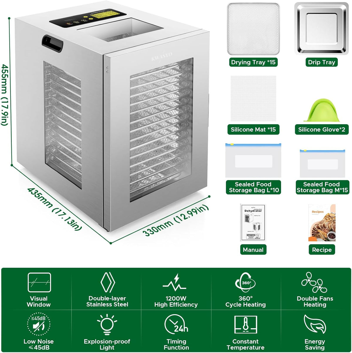 Kwasyo Voedseldroger van roestvrij staal, dubbele ventilator, 360 graden efficiënte droogmachine, 15 etages, temperatuurregeling van 30-90 °C, timer 24 uur, oververhittingsbeveiliging, receptenboekje