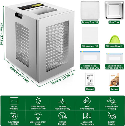 Kwasyo Voedseldroger van roestvrij staal, dubbele ventilator, 360 graden efficiënte droogmachine, 15 etages, temperatuurregeling van 30-90 °C, timer 24 uur, oververhittingsbeveiliging, receptenboekje