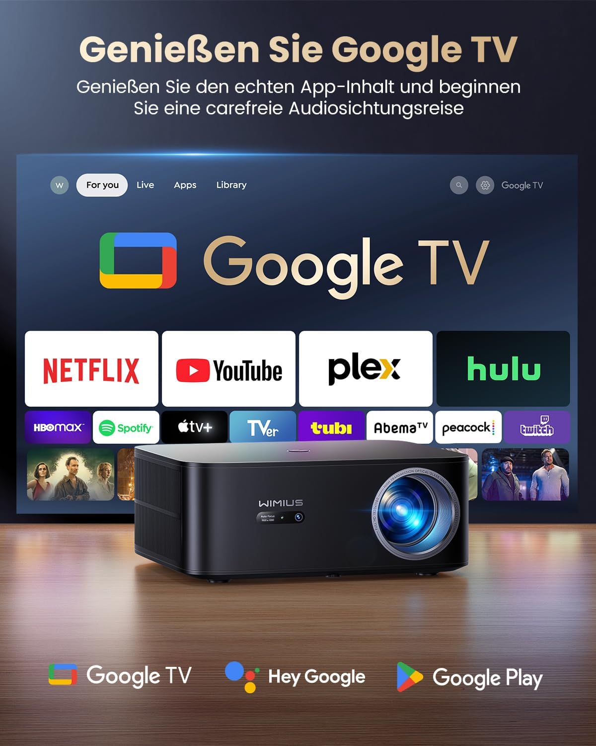 4K thuisbioscoopprojector [1200 ANSI | Google TV] Officiële licentie Netflix FHD 1080P 4K-beamer ondersteund, autofocus trapeziumcorrectie 20 W Smart Light