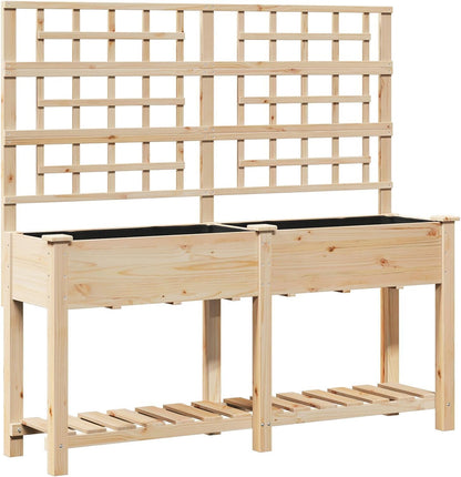 Garden Pot with Planks and Shelf Made of Solid Pine Wood, 161 x 43 x 152 cm, Rectangular Planter, Large for Indoor and Outdoor Use, Beige, Modern Design - QUORE