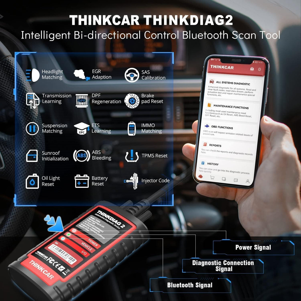 thinkcar ThinkDiag 2 OBD2 diagnosekoffer, Franse diagnosefuncties met 15 resets voor complete systemen, OBD2-autodiagnose, Bluetooth 5.0 ondersteuning CAN-FD-protocol