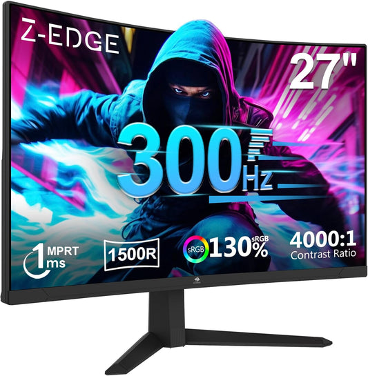 Z-Edge Gaming Monitor Curved 27'' 300Hz (DP1.4 * 2), 1ms, FHD, FreeSync, 240Hz (HDMI2.0 * 2), 16:9 LED Gaming Monitor, Adjustable Tilt, 1500R VA, 4000:1, VESA 100 * 100mm(DP cable included)