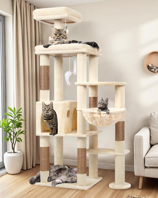Globlazer cat tree Beige xl,Cat Tree Large High 167cm Large Platform Lined Seat Rod Cat House Basket Plush Toy,Stable Cat Tower for Large Cats 7kg+ Indoor (F65B, Beige)