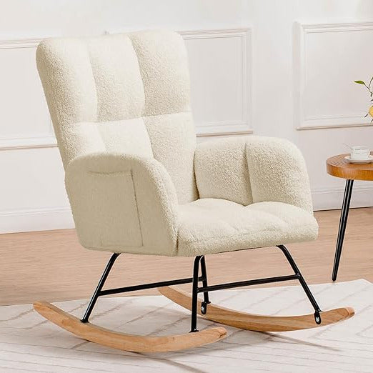 Schommelstoel – Relaxstoel – Schommelstoel Voor Binnen – Tuinstoel – Lounger – Teddy Pluche Bekleding – Ergonomisch Ontwerp – Beige – Draagkracht 150 kg