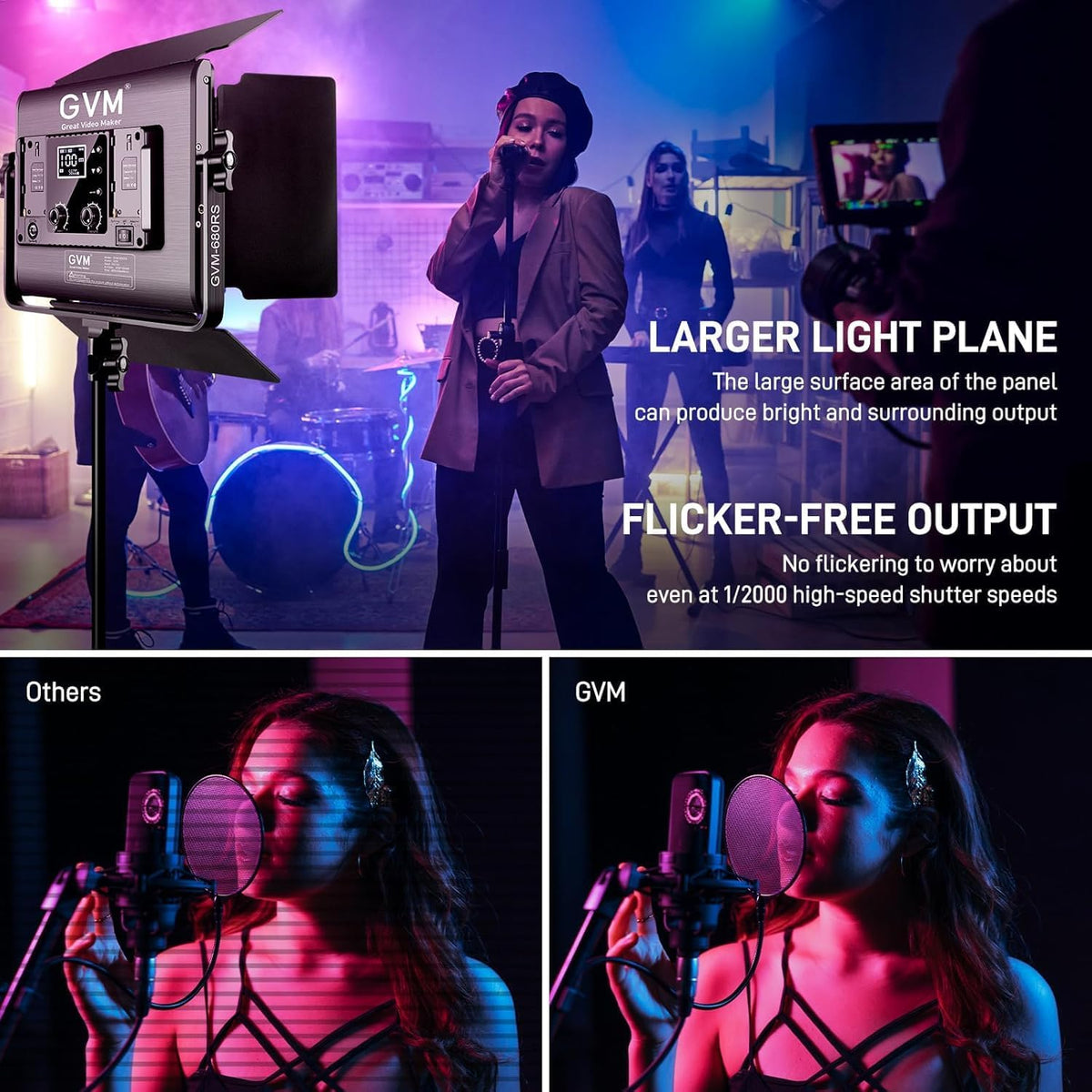 GVM Led-videolamp met statief, verpakking van 2 stuks, 680RS 50W RGB fotolicht, studiolichtpaneel met app-bediening, 3200K-5600K 8500Lux/0,5 m videolamp voor films, foto, studio, YouTube Streaming