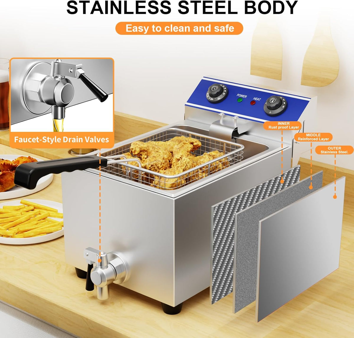 TAIMIKO Elektrische Friteuse, roestvrij staal, thermostaat 60 – 200 °C, frituermand en deksel, afneembaar bak (6L, met timer)