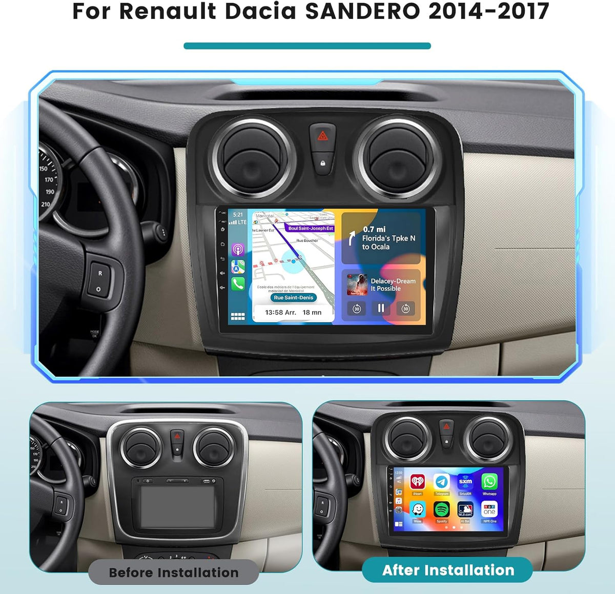 Roinvou 2+64G Android Car Stereo voor Renault Dacia Sandero 2014-2017 met CarPlay Wireless Android Auto, 9 Inch 2 DIN Scherm MirrorLink Radio met Wi-Fi GPS Bluetooth EQ FM/RDS SWC Achteruitrijcamera