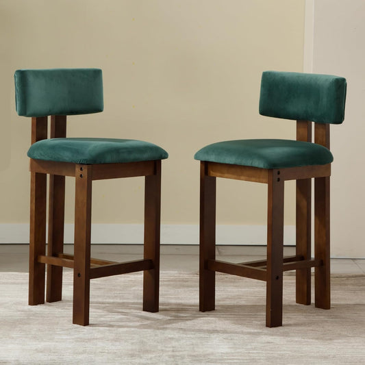 chairus Barstool Vintage Wooden Bar Stool, 2 Pieces, Velvet Bar Chair, Solid Wood Base, Comfortable Cushion, Children's Chair, Bar, 66 cm, for Counter, Green - QUORE