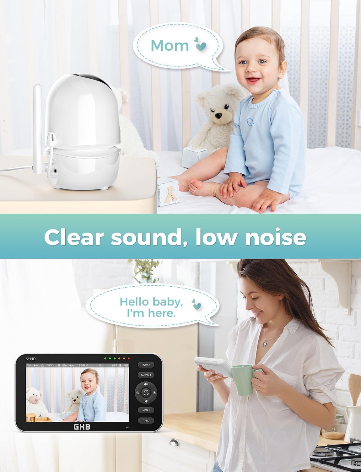 GHB Babyfoon met 2 camera's 5 inch 720P HD-display met tot 168 uur batterijduur in VOX-slaapmodus, tweerichtingscommunicatie, nachtzicht en temperatuurweergave