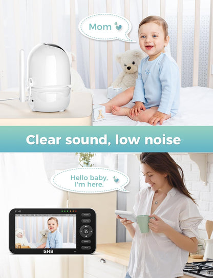 GHB Babyfoon met 2 camera's 5 inch 720P HD-display met tot 168 uur batterijduur in VOX-slaapmodus, tweerichtingscommunicatie, nachtzicht en temperatuurweergave