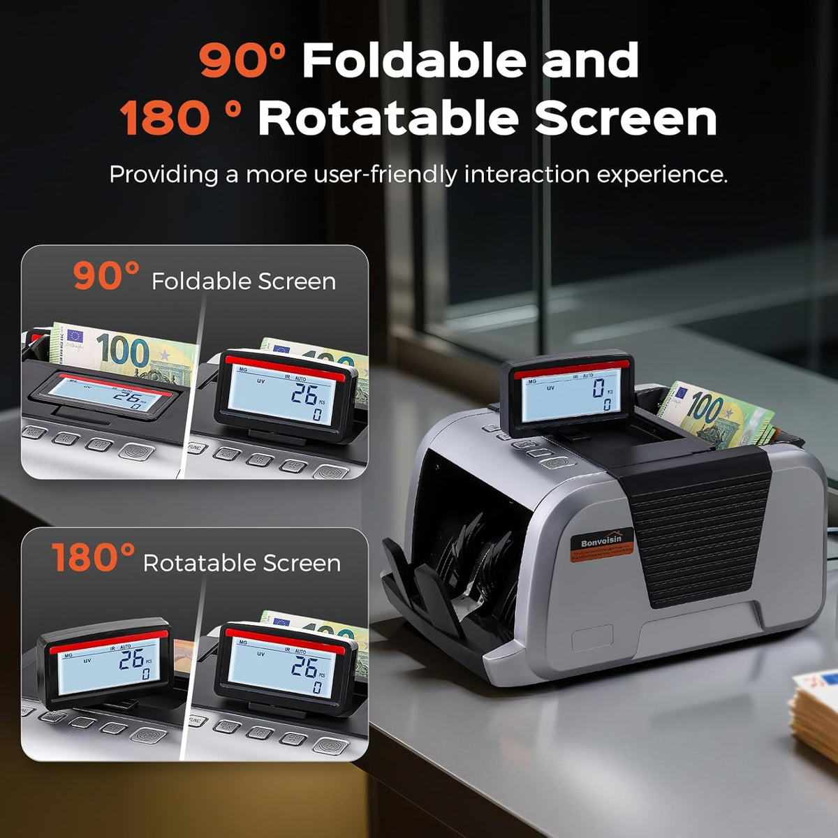 Bonvoisin Bankbiljettenteller, waardemeter voor geordende bankbiljetten met UV/MG/IR-vervalsherkenning, 1000 stuks/min, geldtelmachine met inklapbaar en draaibaar display