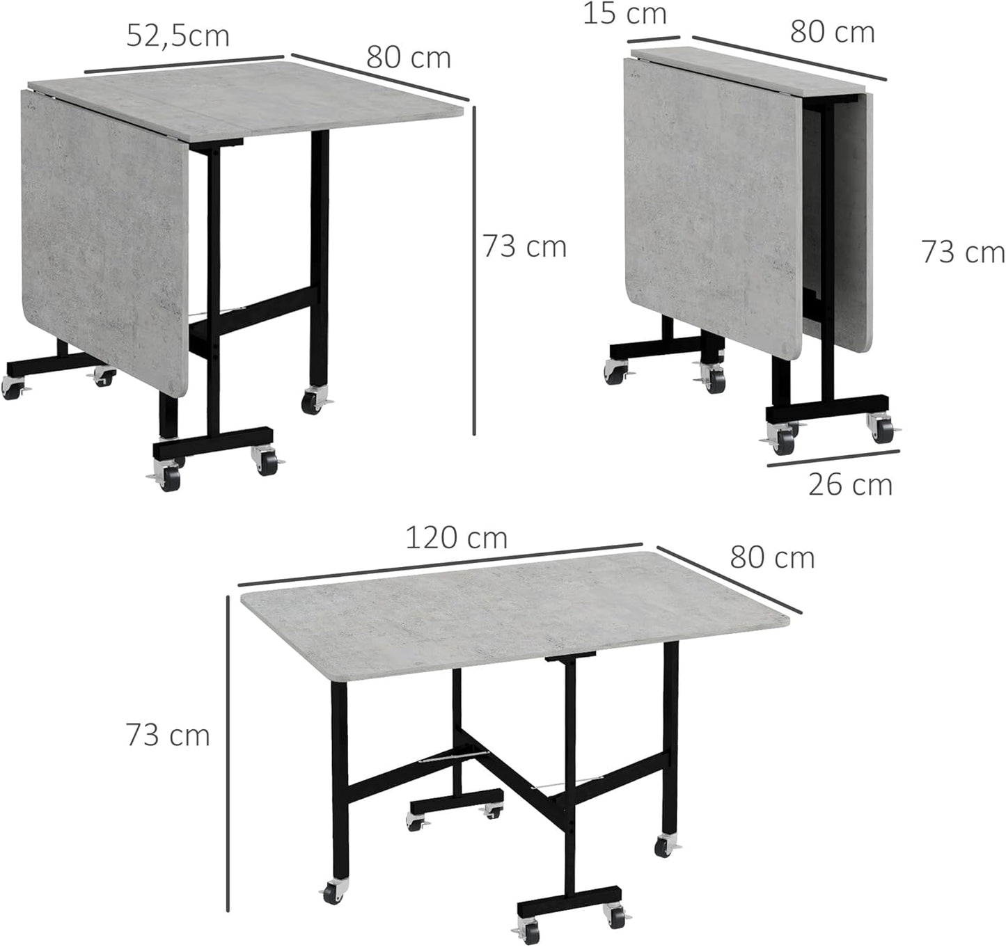 HOMCOM Esstisch, Klappbarer Küchentisch mit Rollen, Stahlbeine, Klapptisch für 4-6 Persons, Esszimmertisch für kleine Räume, Küche, Esszimmer, 120 x 80 x 73 cm, Grau - QUORE