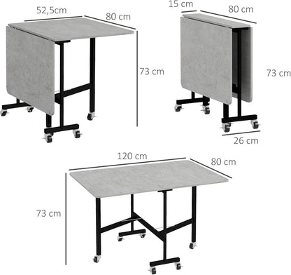 HOMCOM Esstisch, Klappbarer Küchentisch mit Rollen, Stahlbeine, Klapptisch für 4-6 Persons, Esszimmertisch für kleine Räume, Küche, Esszimmer, 120 x 80 x 73 cm, Grau - QUORE