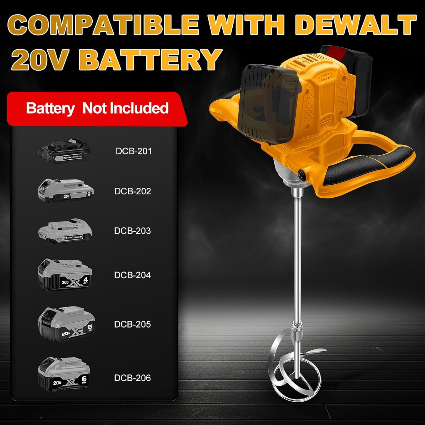 Accuroerapparaat voor verf en beton, compatibel met Dewalt 20 V accu (zonder batterij), borstelloze mortelmixer met 6 snelheden en 2 roerstaafjes, voor het mengen van voedermortel, verf, lijm