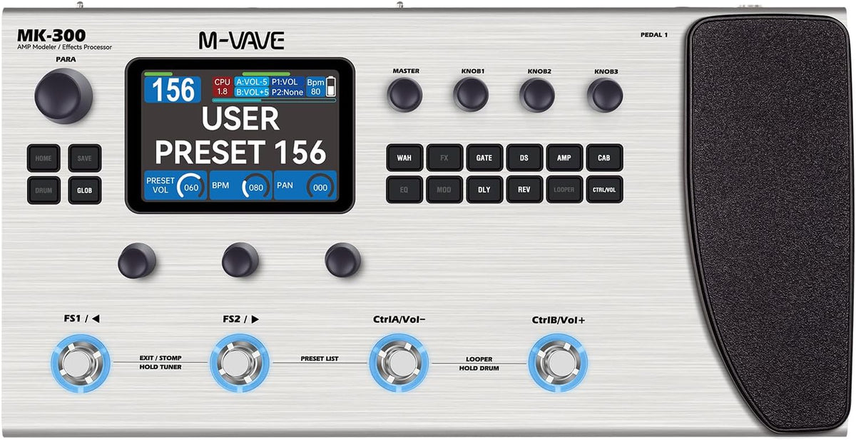 M-Vave MK-300 Multieffectprocessor voor gitaar en bas, 11 modules, meer dan 320 effecten, 120 versterkers, IR-loader, loopper, drumcomputer, BT- en USB-geluidskaart