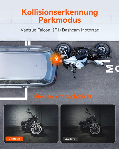 VANTRUE F1 4K + 1080P dashcam motorfiets, 5GHz WiFi GPS dashcam voor en achter, IP67, Duitse stemaanwijzingen motorcamera, 24 uur. Botsingsdetectie, Kilometerstand, WDR & HDR & App, Maximaal 512G
