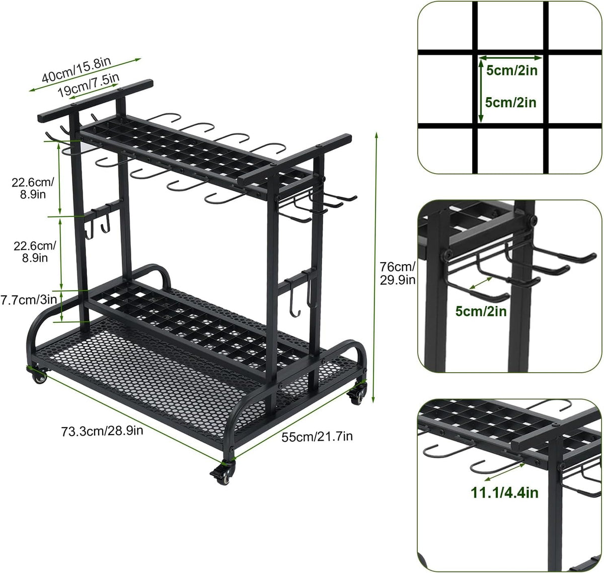 tonchean Opbergorganizer voor tuingereedschap, 360 ° draaibare tuingereedschap, torenrek, trolley met wielen, 3-laags gereedschapshouder, standaard, plank voor garage, tuin, gazon, werkplaats