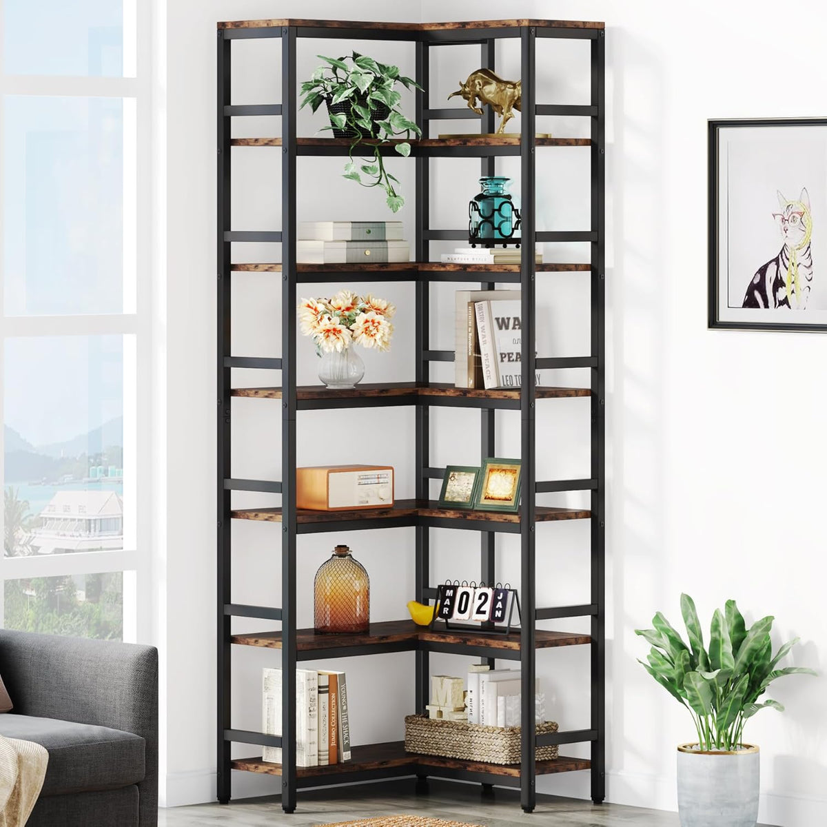 Tribesigns 78.7 inch High Angle Shelf, 7 Tier Industrial Corner Bookcase Storage Display Shelves for Living Room Home Office, Rustic Brown