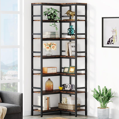 Tribesigns 78.7 inch High Angle Shelf, 7 Tier Industrial Corner Bookcase Storage Display Shelves for Living Room Home Office, Rustic Brown