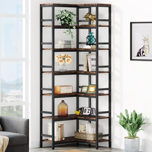 Tribesigns 78.7 inch High Angle Shelf, 7 Tier Industrial Corner Bookcase Storage Display Shelves for Living Room Home Office, Rustic Brown