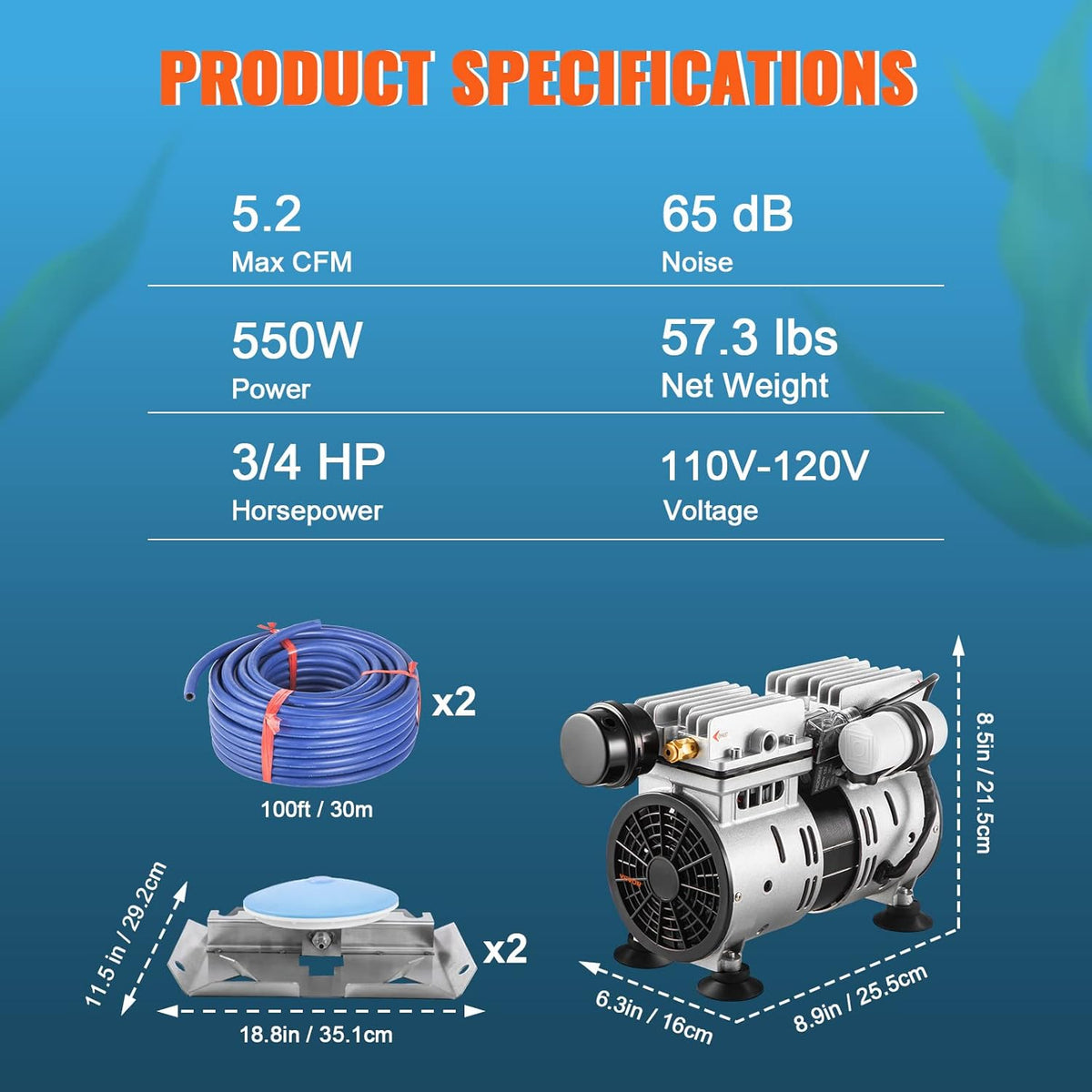 VEVOR Vijverbeluchter 550 W 5,2 CFM voor maximaal 3 acryl 15 m meer vijverventilatieset bevat compressor en verzwaarde slangen en 2 diffusers luchtcompressor voor zuurstofcirculatie in diep water